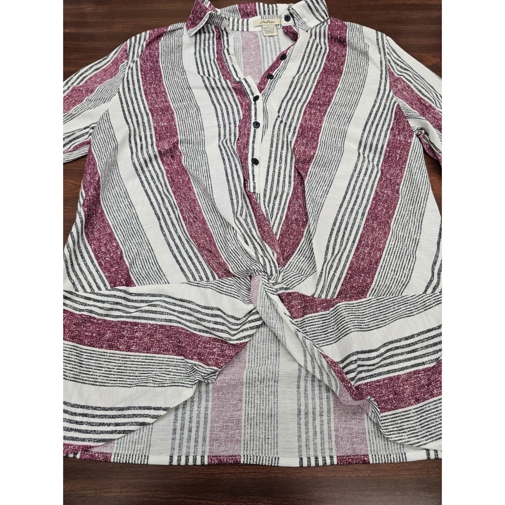 Love Potion Womens Large Boho Striped Tie Front Blouse Long Sleeve Button V Neck